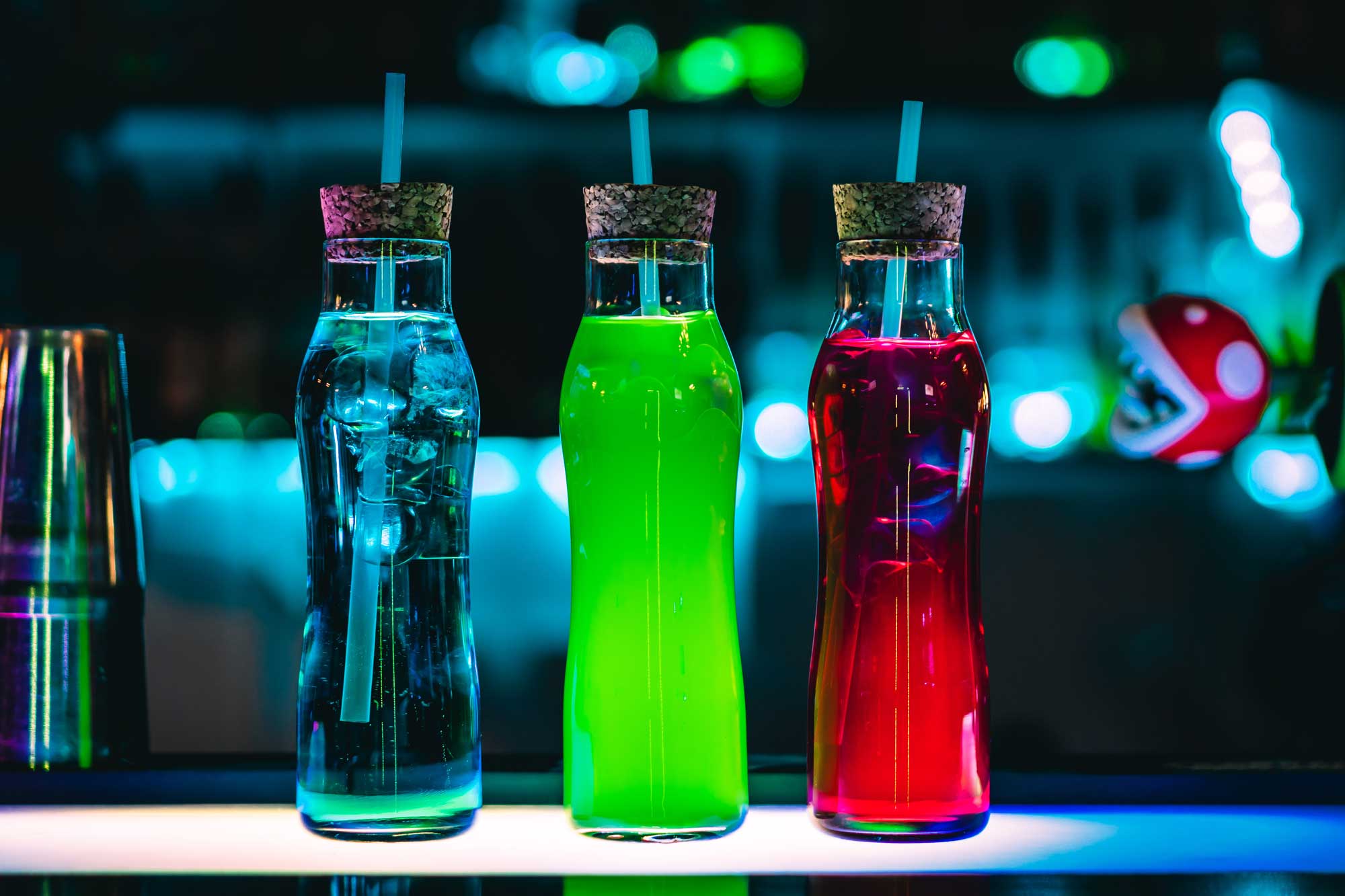 Drinks that looks like mana, stamina and health potions.